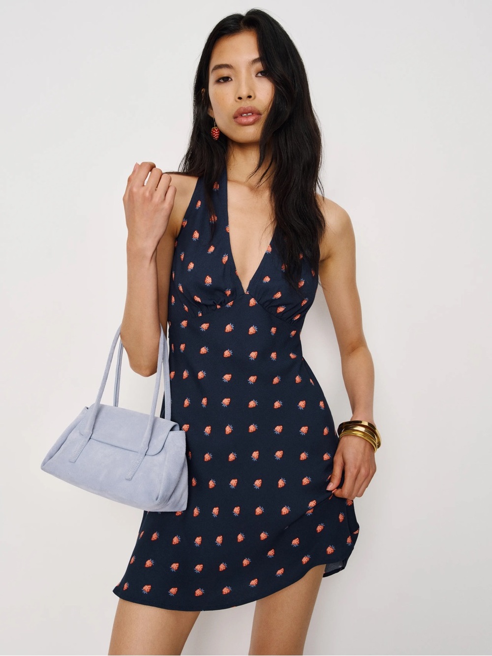 Reformation Navy Halter Mini Dress with Red Strawberry Print